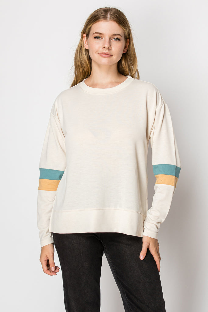 Long Sleeve Color Block Stripe Sleeve Top - Mutcci