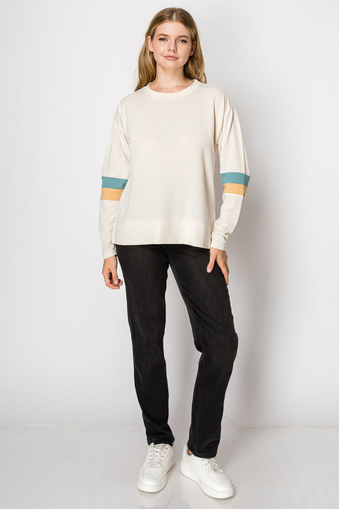 Long Sleeve Color Block Stripe Sleeve Top - Mutcci
