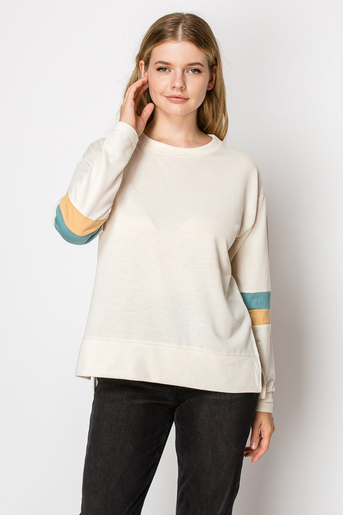 Long Sleeve Color Block Stripe Sleeve Top - Mutcci