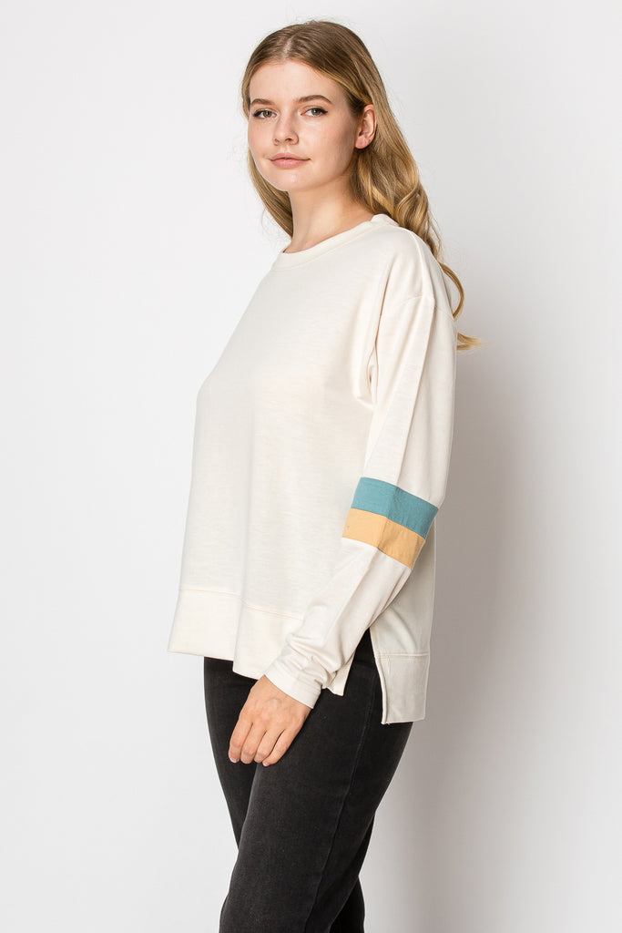 Long Sleeve Color Block Stripe Sleeve Top - Mutcci