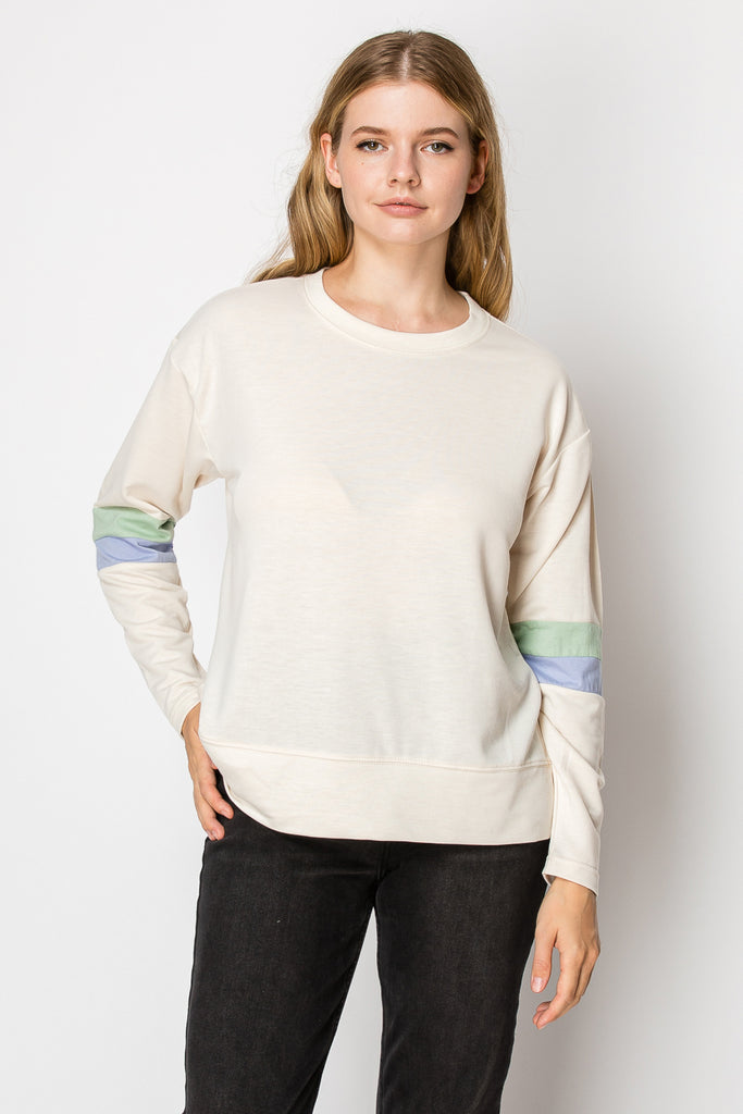 Long Sleeve Color Block Stripe Sleeve Top - Mutcci