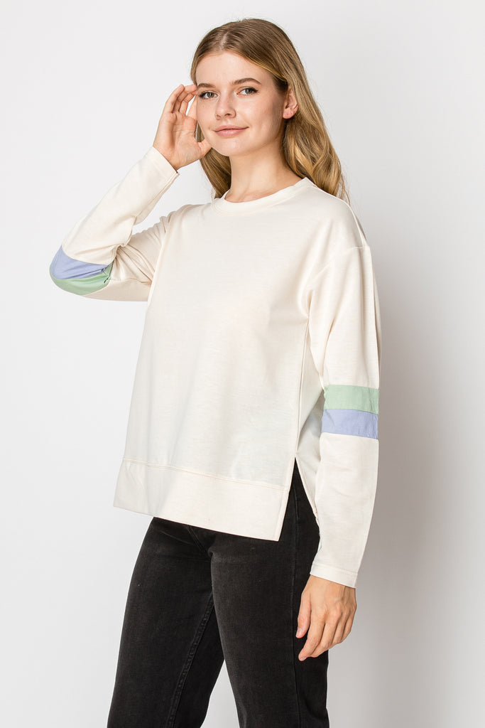 Long Sleeve Color Block Stripe Sleeve Top - Mutcci