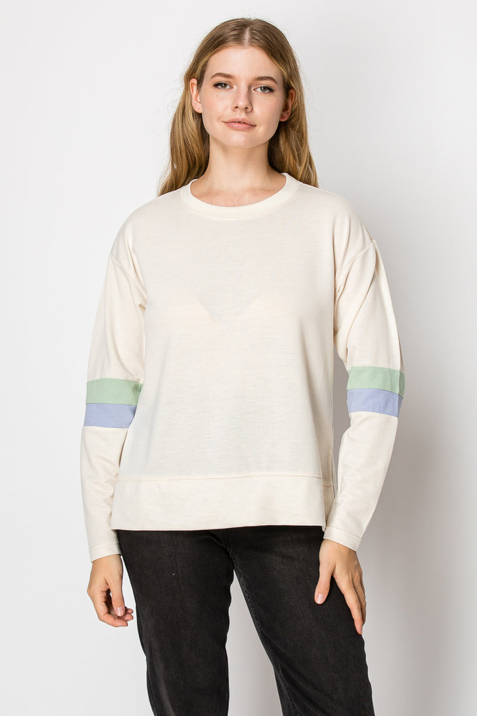 Long Sleeve Color Block Stripe Sleeve Top - Mutcci